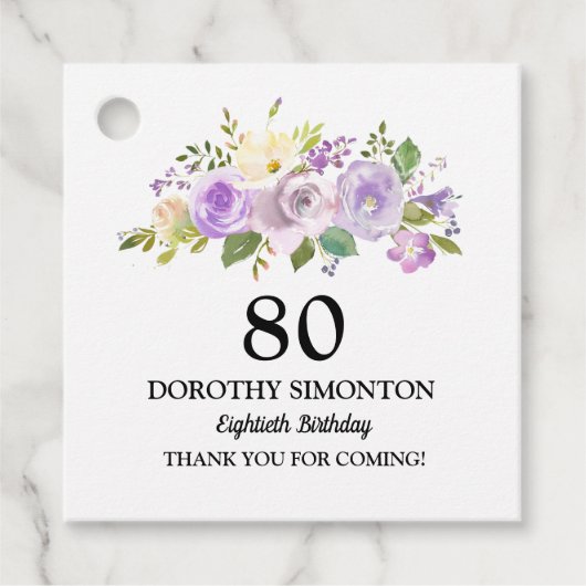 80e verjaardag van de Paarse Floral Bedankjes Labels (Voorkant)