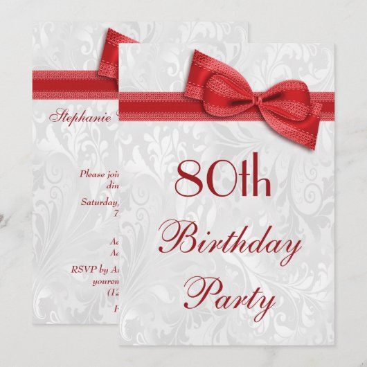 80e verjaardag van de partij Damask en Faux Bow Kaart (Voorkant / Achterkant)