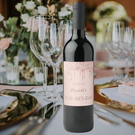 80e verjaardag van het roos gouden glitter druppel wijn etiket