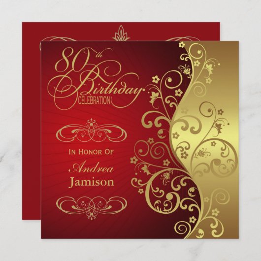 80e verjaardag van Red and Gold Party Kaart (Voorkant / Achterkant)
