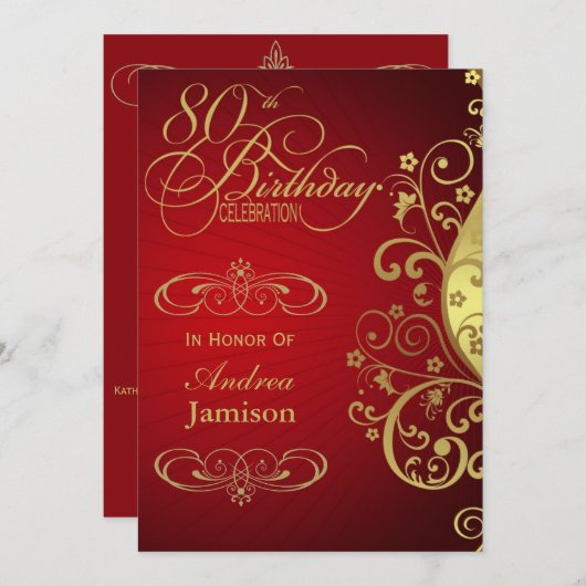80e verjaardag van Red and Gold Swirl Kaart (Voorkant / Achterkant)