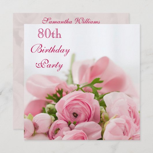 80e verjaardag van roze rozen kaart (Voorkant / Achterkant)