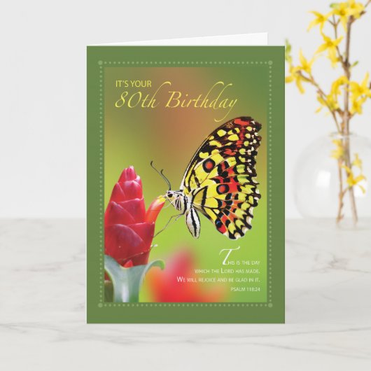 80e verjaardag vlinder op rode ventilator kaart (Gele Bloem)
