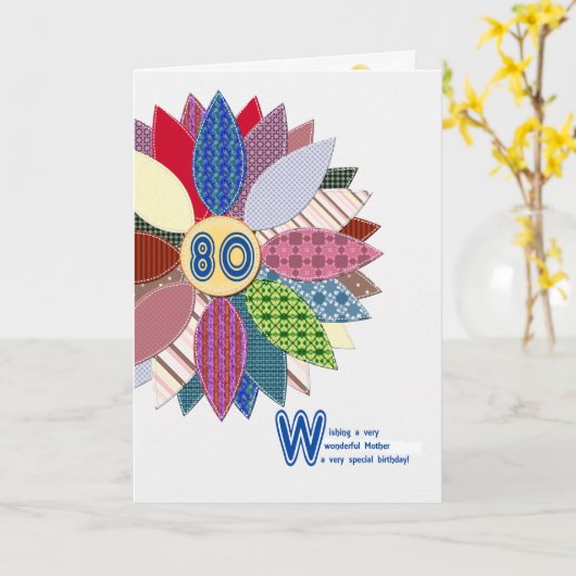 80e verjaardag voor moeder, gestikte bloem kaart (Gele Bloem)