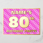 80e verjaardag — vuurroze harten en strips folie uitnodiging (Voorkant)
