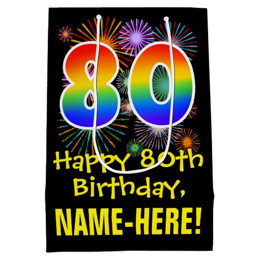 80e verjaardag: Vuurwerk Fun Pattern + Regenboog 8 Medium Cadeauzakje (Achterkant)