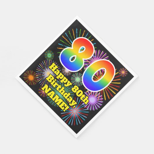 80e verjaardag: Vuurwerk Fun Pattern + Regenboog 8 Servet (Hoek)