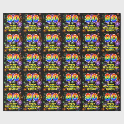 80e verjaardag: vuurwerk, regenboogblik # "80" cadeaupapier (Zoom)