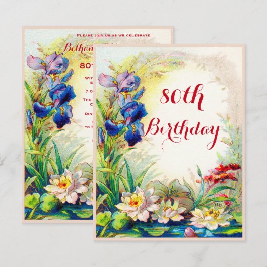 80e verjaardag Waterlelies en Iris Flowers Kaart (Voorkant / Achterkant)