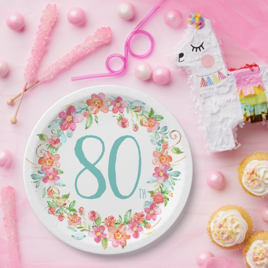 80e verjaardag  waterverf bloemen feest papieren bordje (Feest)