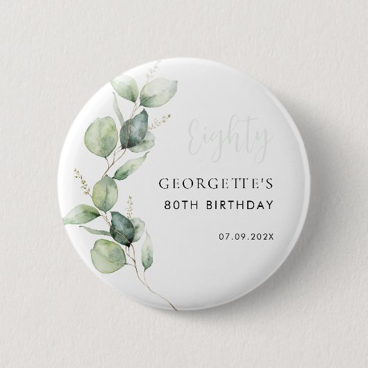 80e Verjaardag Waterverf Eucalyptus Script Ronde Button 5,7 Cm (Voorkant)