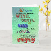 80e verjaardag, wijn vrouwen en lied kaart (Gele Bloem)