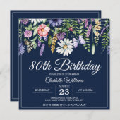 80e verjaardag Wildbloemen Elegante Navy Blue Flor Kaart (Voorkant / Achterkant)