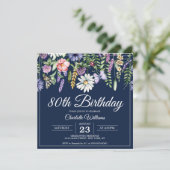 80e verjaardag Wildbloemen Elegante Navy Blue Flor Kaart (Staand voorkant)