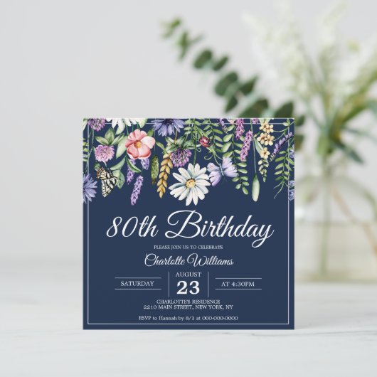 80e verjaardag Wildbloemen Elegante Navy Blue Flor Kaart (Staand voorkant)