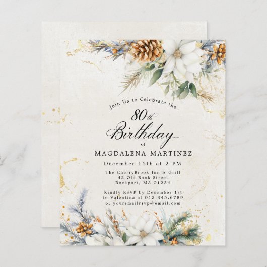80e verjaardag Winter Witte Bloemen Uitnodiging (Voorkant / Achterkant)