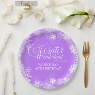 80e Verjaardag Winter Wonderland Sneeuwvlok Paarse Papieren Bordje
