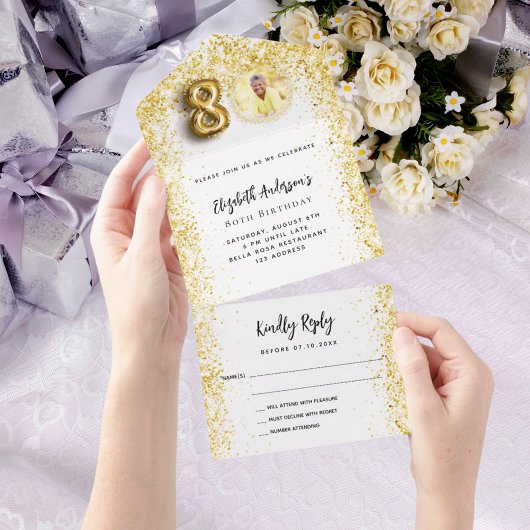 80e verjaardag wit goud fotofeest RSVP All In One Uitnodiging