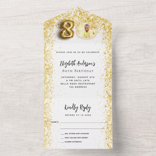 80e verjaardag wit goud fotofeest RSVP All In One Uitnodiging (Binnen)