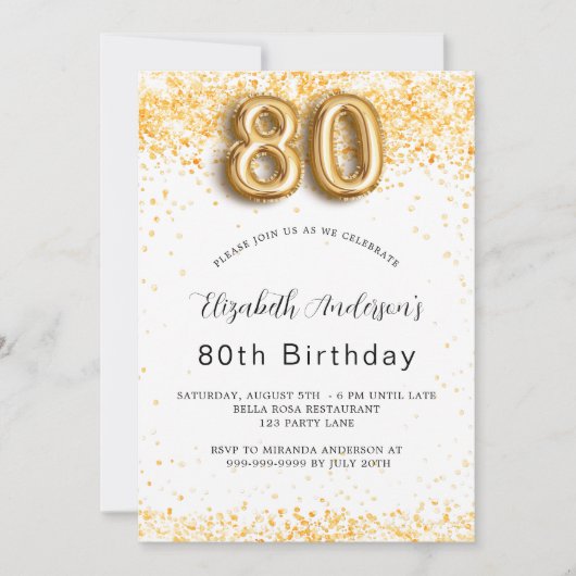 80e verjaardag wit goud glitter elegant kaart (Voorkant)
