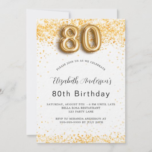 80e verjaardag wit goud glitter luxe kaart (Voorkant)