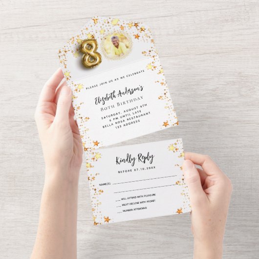 80e verjaardag wit gouden sterren fotofeest RSVP All In One Uitnodiging (Afscheurbaar)