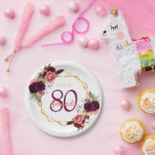 80e verjaardag witte gouden bloem glanzend burgund papieren bordje (Feest)