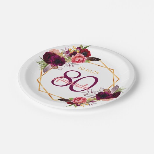 80e verjaardag witte gouden bloem glanzend burgund papieren bordje (Gekanteld)
