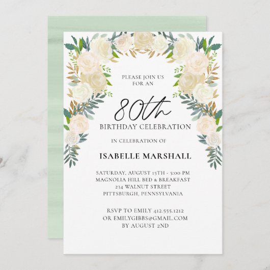 80e verjaardag witte rozen bloemenscript party kaart (Voorkant / Achterkant)