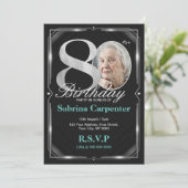 80e verjaardag Zilver en Zwart Uitnodiging (Staand voorkant)