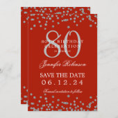 80e Verjaardag Zilver Opslaan Datum Confetti Rood Kaart (Voorkant / Achterkant)
