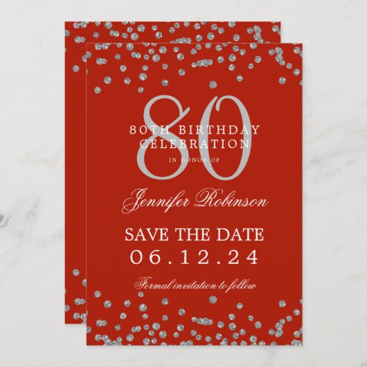 80e Verjaardag Zilver Opslaan Datum Confetti Rood Kaart (Voorkant / Achterkant)