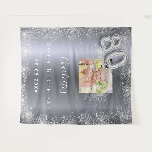 80e verjaardag zilveren foto glitter stof welkom wandkleed (Voorkant (horizontaal))