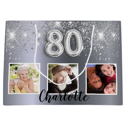 80e verjaardag zilveren glitter foto groot cadeauzakje (Voorkant)