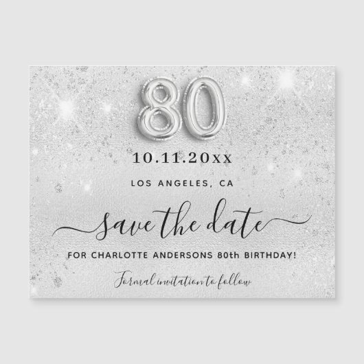 80e verjaardag zilveren glitters save the date mag (Voorkant)