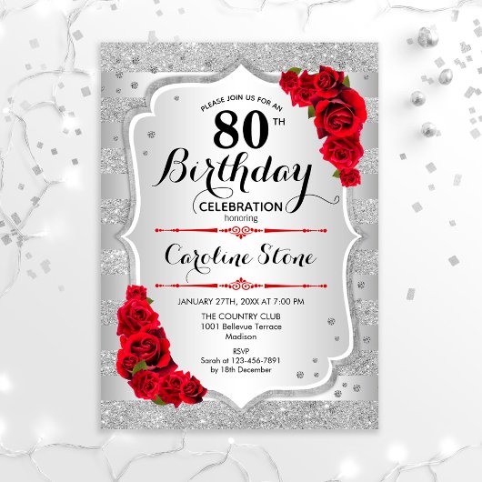 80e verjaardag - Zilveren strepen rode rozen Kaart