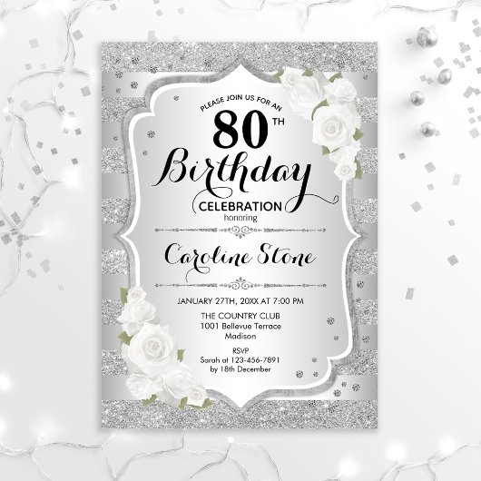 80e verjaardag - Zilveren strepen witte rozen Kaart