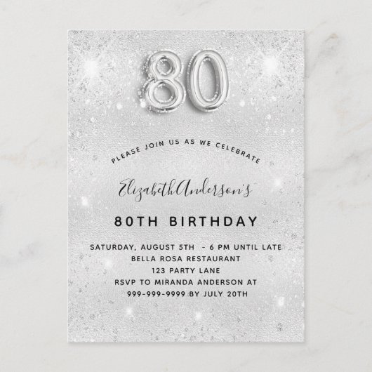 80e verjaardag zilverglitter glamoureus uitnodiging briefkaart (Voorkant)