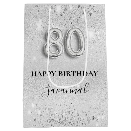80e verjaardag zilverglitterstofmonogram medium cadeauzakje (Achterkant)