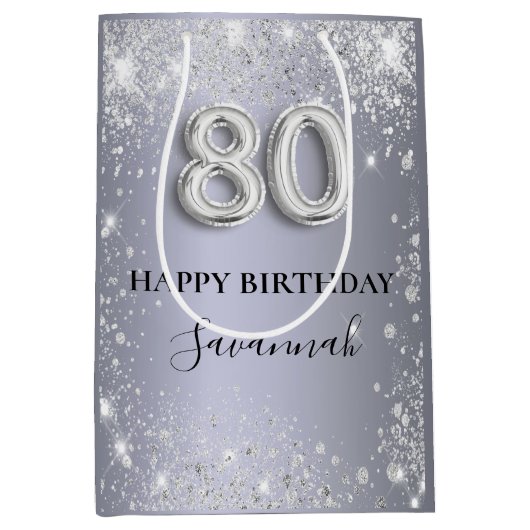80e verjaardag zilverglitterstofmonogram medium cadeauzakje (Voorkant)