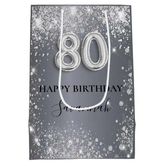 80e verjaardag zilverglitterstofmonogram medium cadeauzakje (Achterkant)