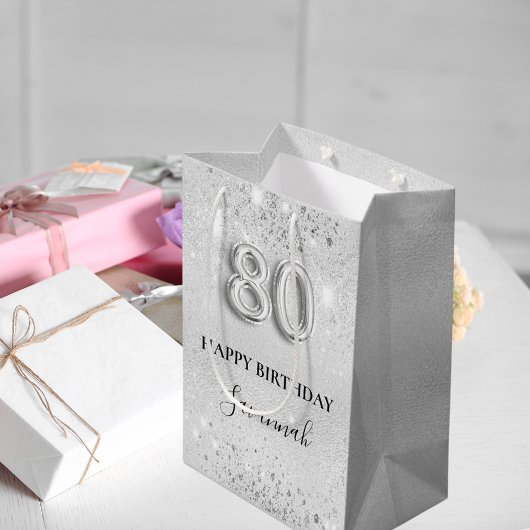 80e verjaardag zilverglitterstofmonogram medium cadeauzakje