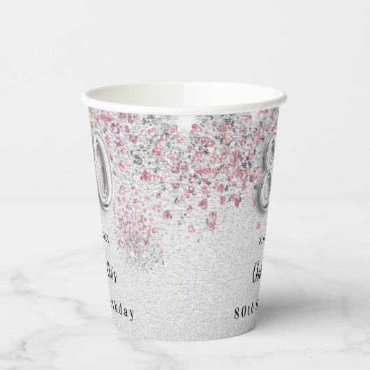 80e verjaardag zilverkleurige roze glitter papieren bekers (Links)