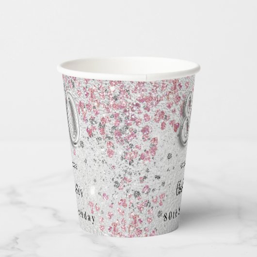 80e verjaardag zilverkleurige roze glitter papieren bekers (Rechts)