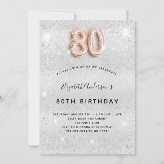 80e verjaardag zilvermetaal roos goud glitter kaart (Voorkant)