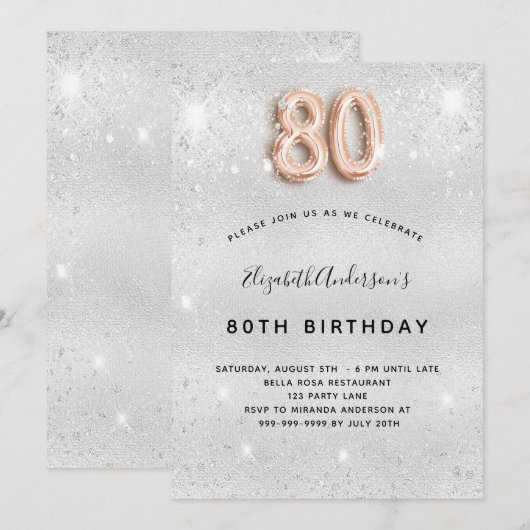 80e verjaardag zilvermetaal roos goud glitter kaart (Voorkant / Achterkant)