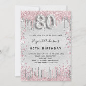 80e verjaardag zilverroze metalen glitterstof kaart (Voorkant)