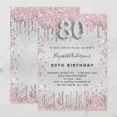 80e verjaardag zilverroze metalen glitterstof kaart (Voorkant / Achterkant)