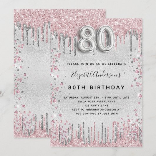 80e verjaardag zilverroze metalen glitterstof kaart (Voorkant / Achterkant)