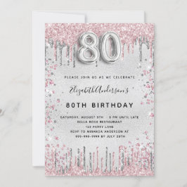 80e verjaardag zilverroze metalen glitterstof kaart